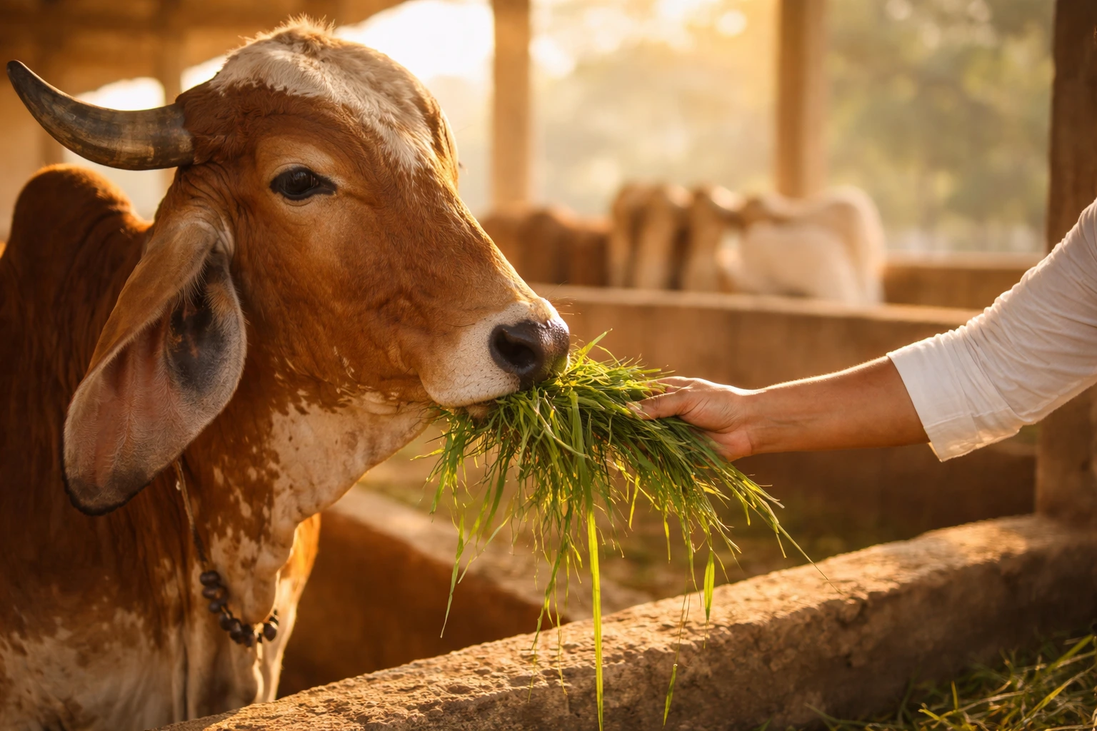 Feeding Green Grass to Indian Desi Cow in Gaushala