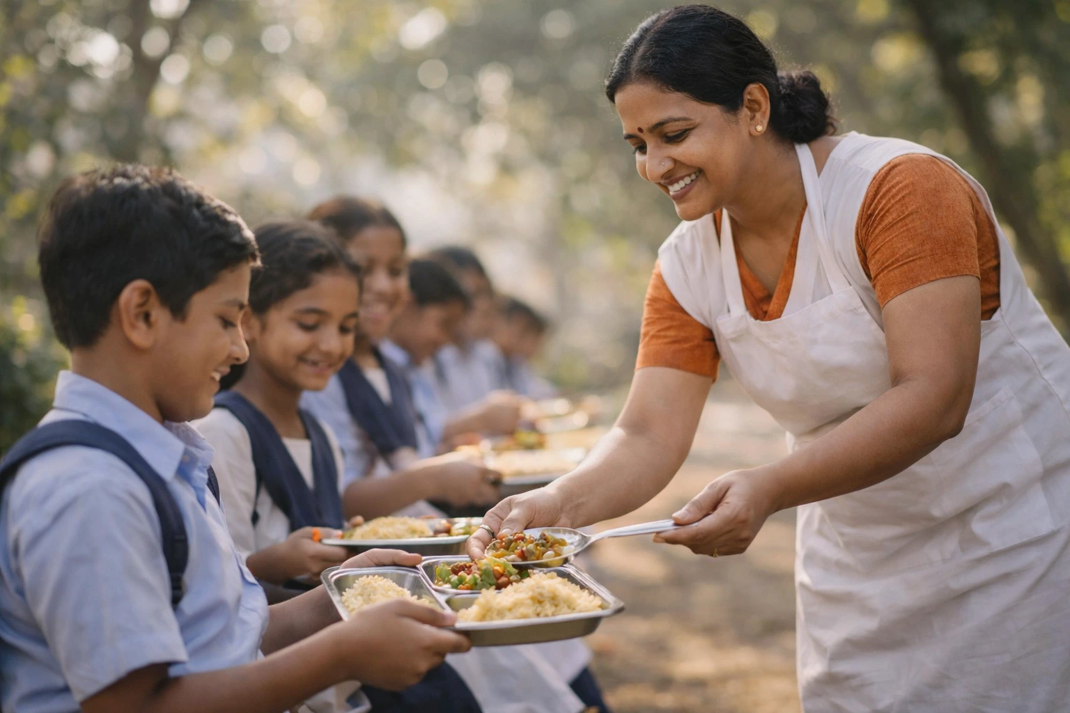 Volunteer serving nutritious food to children