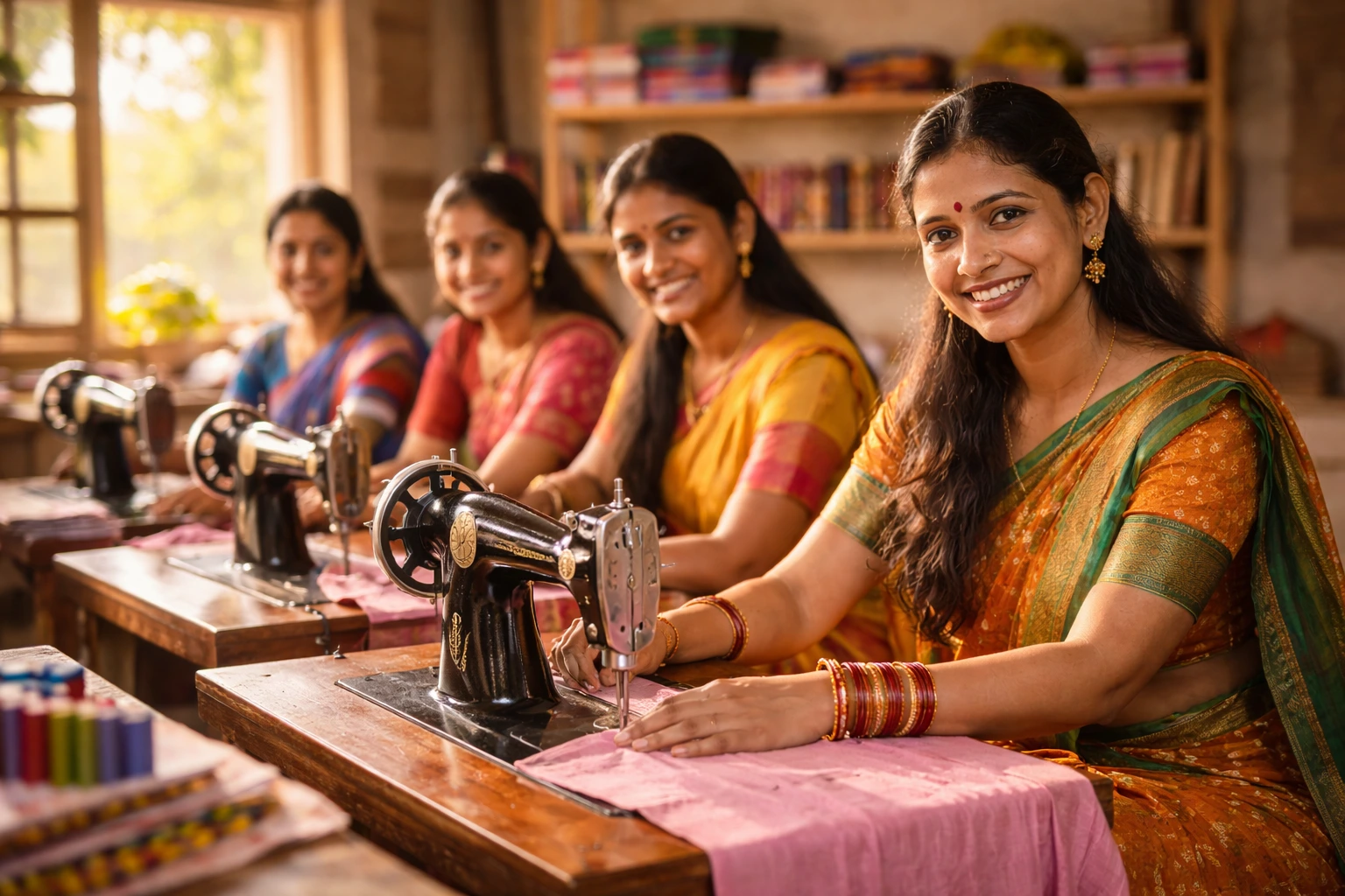 Rural women learning sewing at skill center