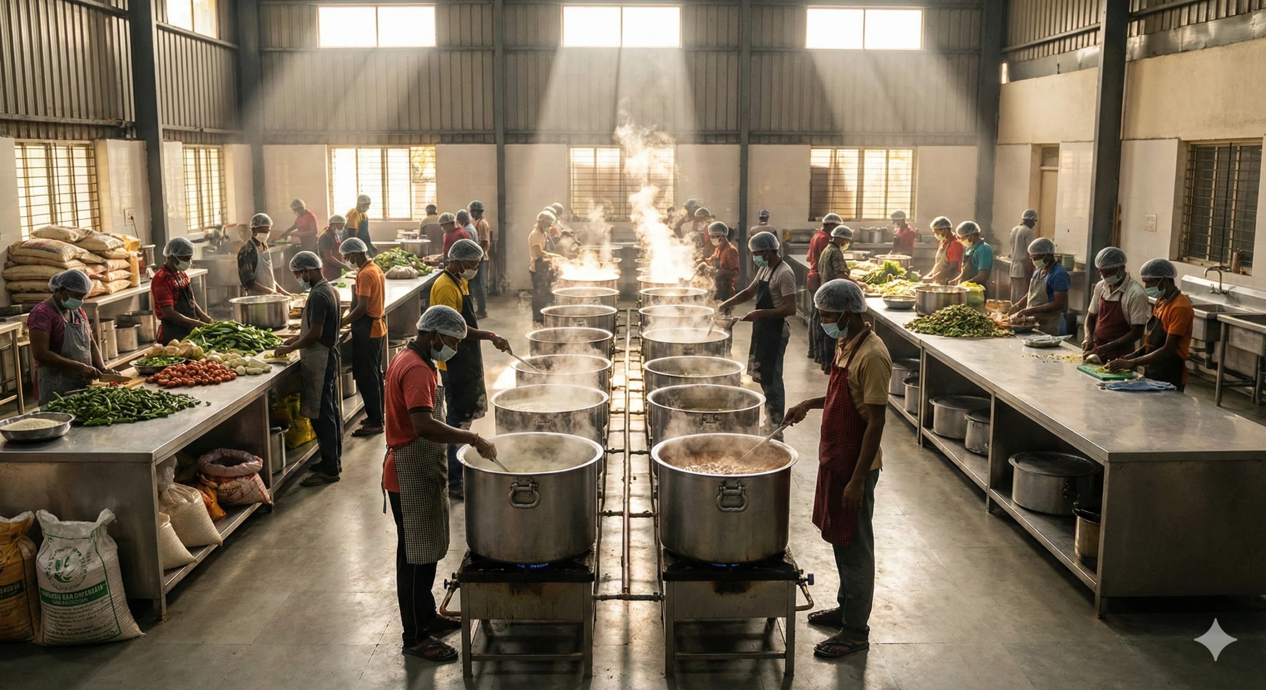 Hygienic community kitchen preparing food in large pots