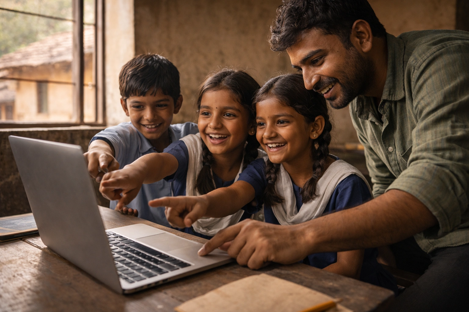 Rural children learning on laptop