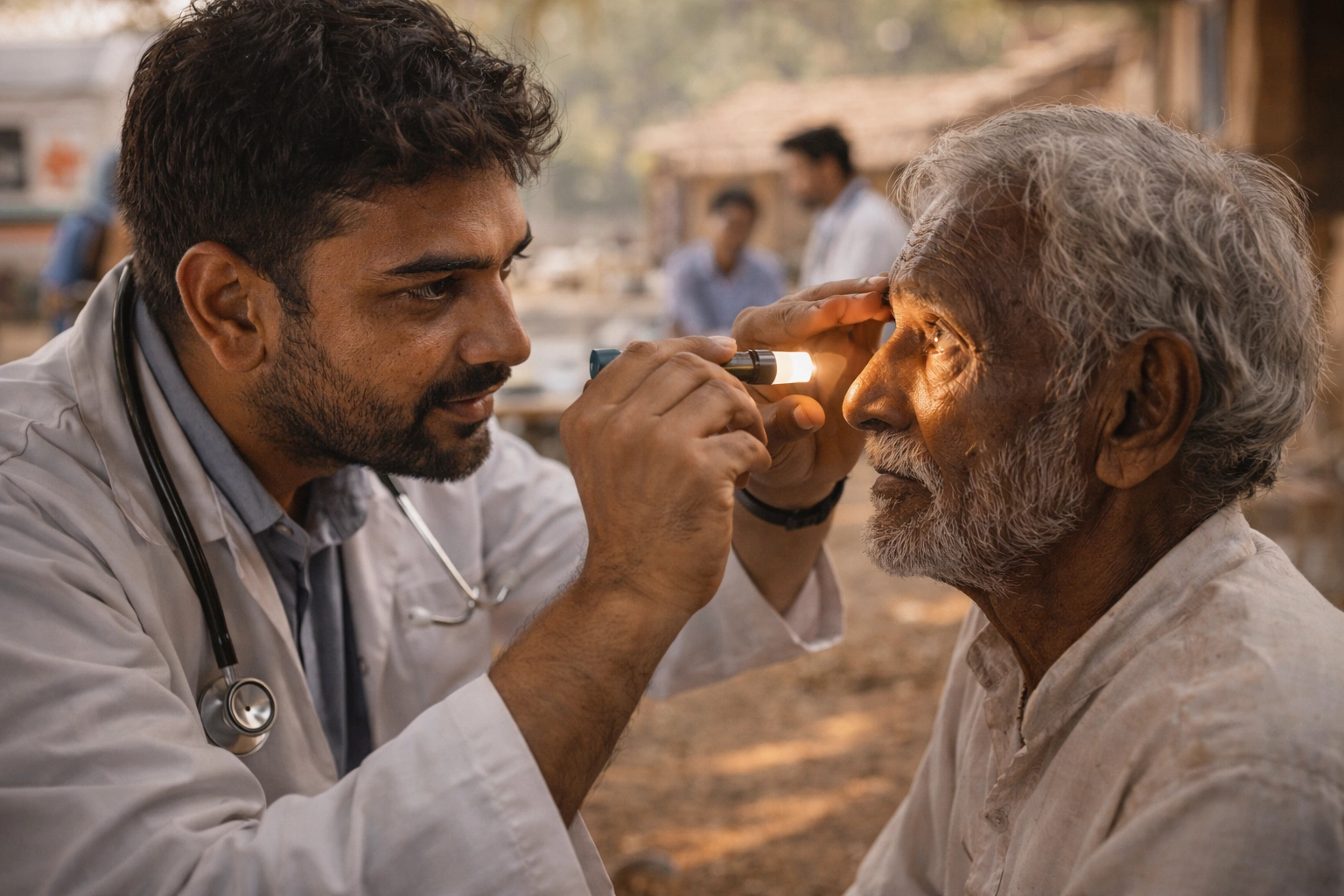 Doctor examining an elderly patient with care